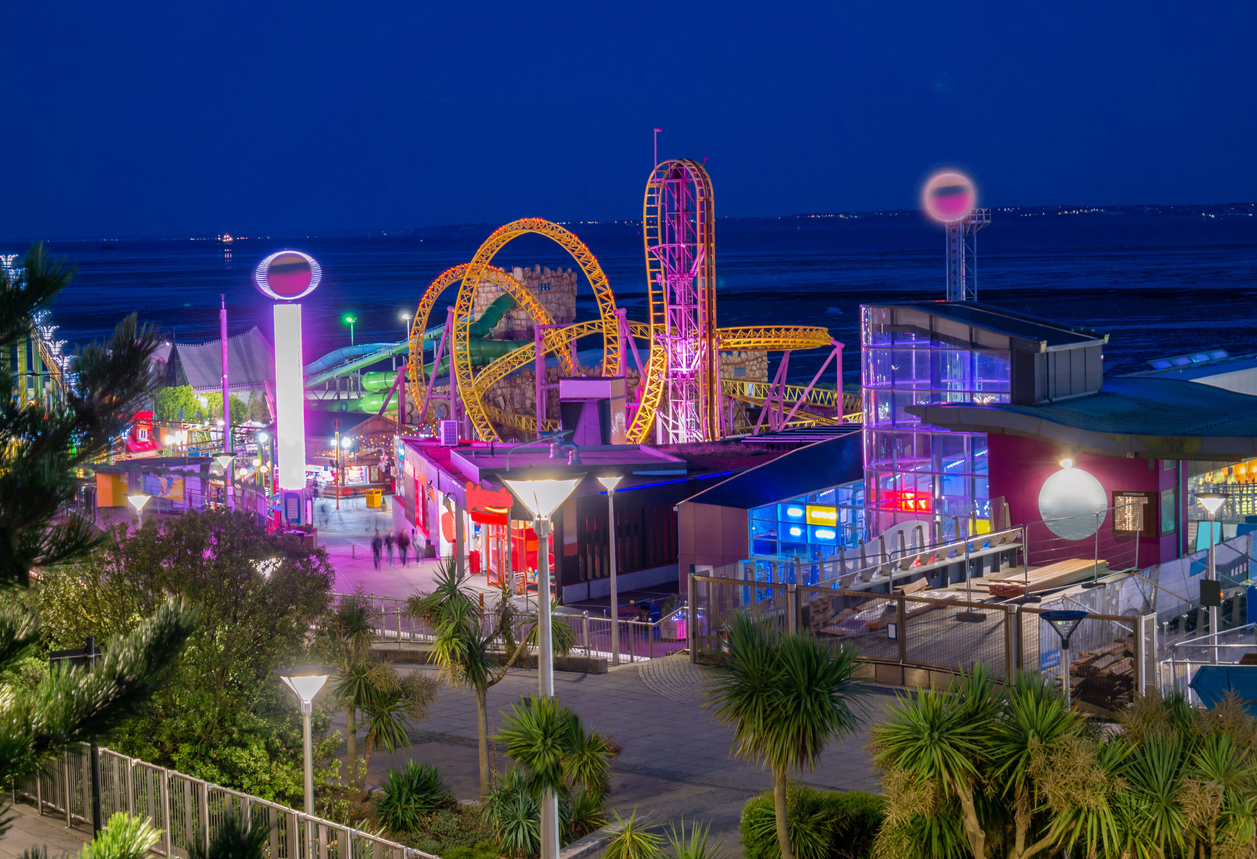 Night Scene Of The Adventure Park And A Rollercoaster In Southend On Sea Area On The Coast Of England In Uk