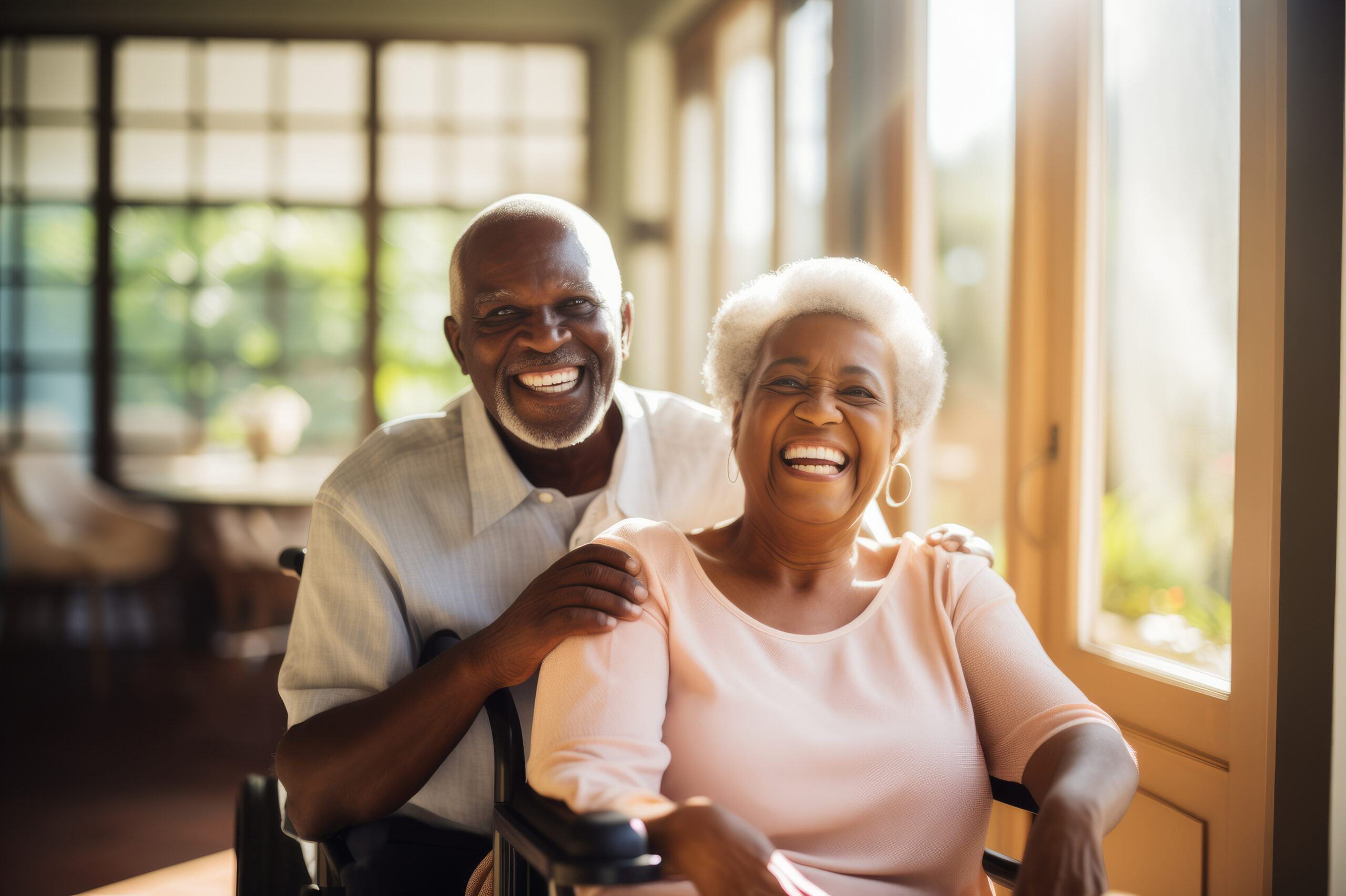 Beautiful Loving Couple In A Retirement Home Senior Man In A Wheelchair Laughing Happily With A Senior Lady In A Nursing Home Housing Facility Intended For The Elderly People