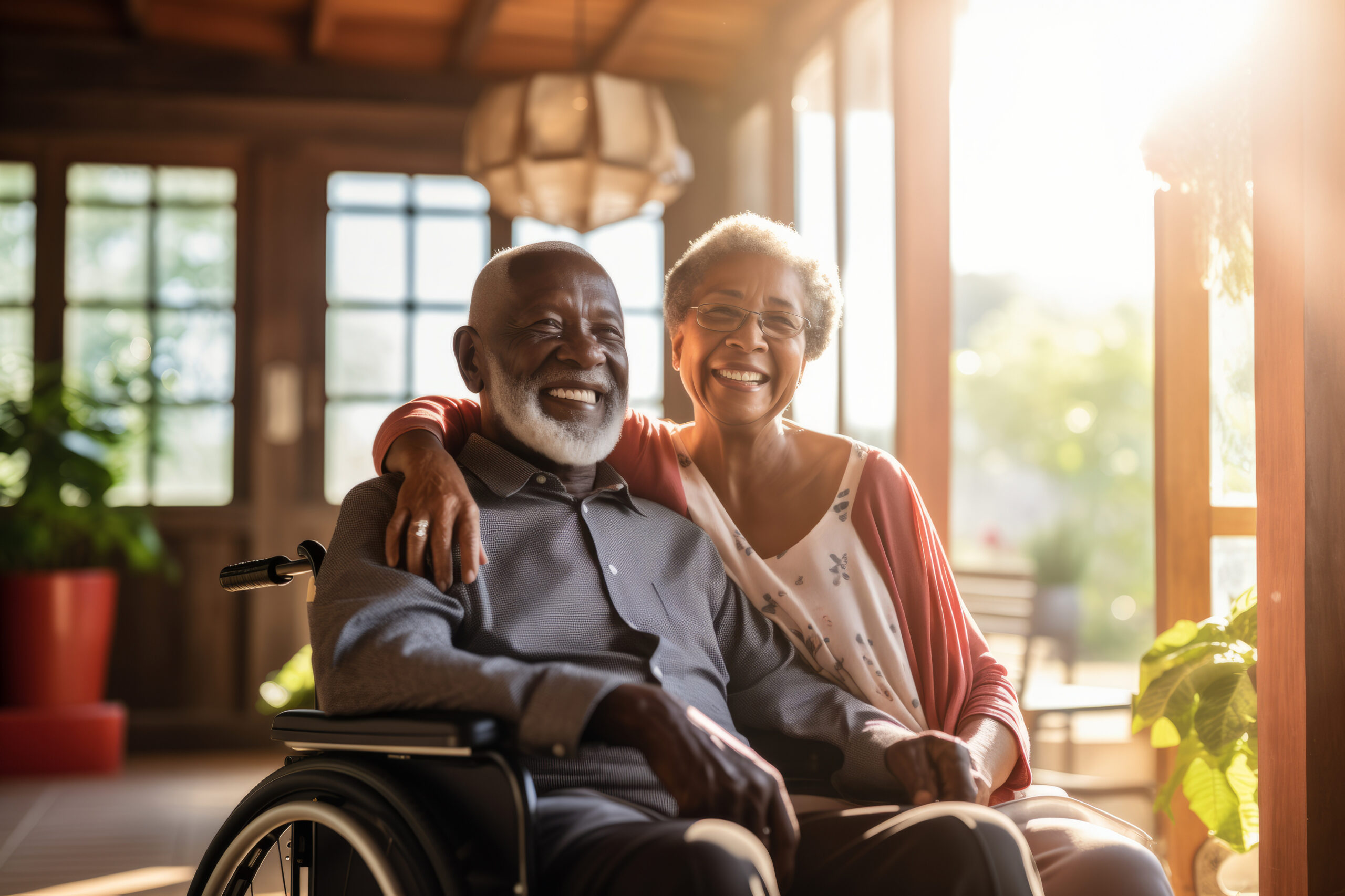 Beautiful Loving Couple In A Retirement Home Senior Man In A Wheelchair Laughing Happily With A Senior Lady In A Nursing Home Housing Facility Intended For The Elderly People